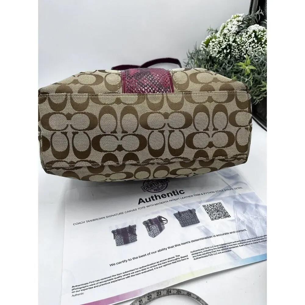 Authenticated F25706 Raspberry Snakeskin Tan Brown Signature Logo‎ Tote Bag